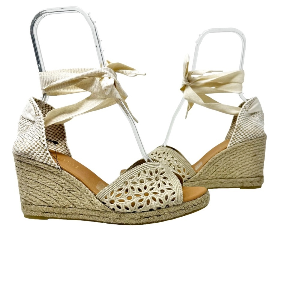 Maypol NEW Crochet Espadrille Wedge Sandals Peep Toe Ankle Wrap Cream Size 41 - Picture 3 of 13